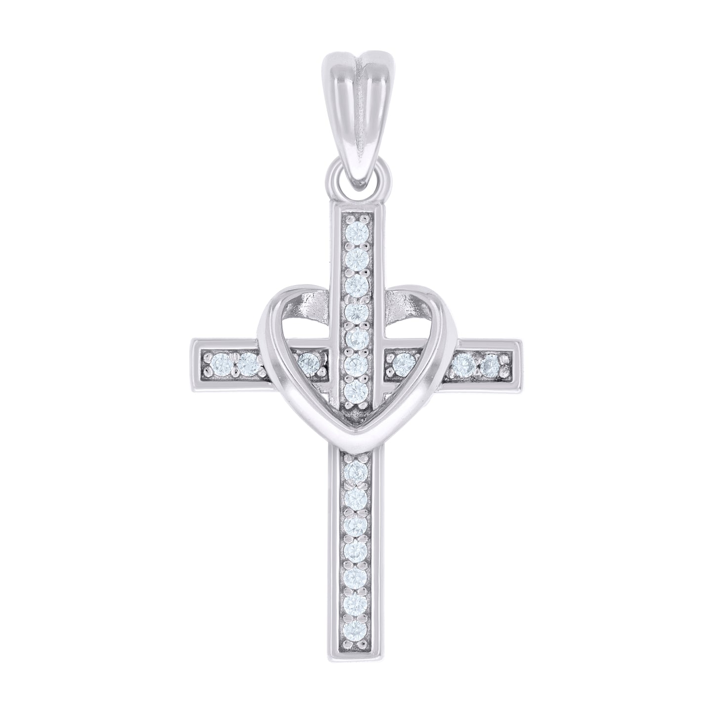 Sterling Silver Unisex Round Cubic-Zirconia Heart Cross Religious Charm Pendant
