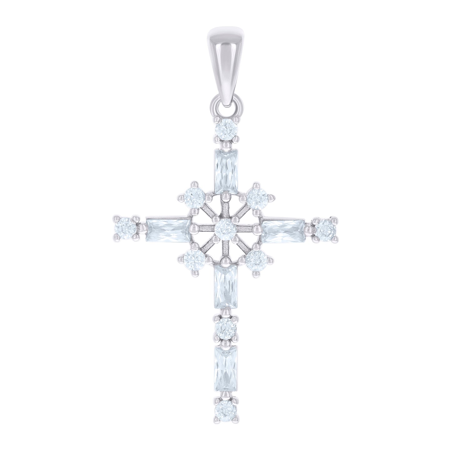 Sterling Silver Unisex Baguette Round Cubic-Zirconia Cross Religious Charm Pendant