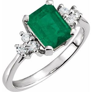 14K White Gold Emerald 7 X 5 Mm Polished Natural Emerald And 1/6 Ctw Natural Diamond Ring Size 6