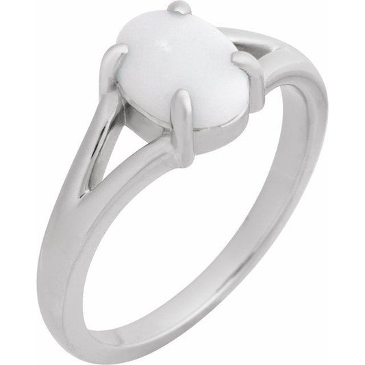 Sterling Silver Oval 8 X 6 Mm Polished Natural White Opal Solitaire Cabochon Ring, Size 7