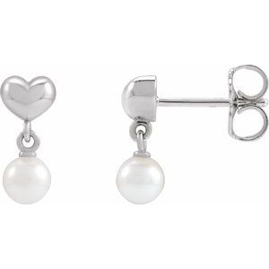 Sterling Silver Pearl Shape 4 Mm Freshwater Pearl Youth Heart Drop Earrings