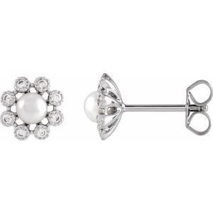 14K White Gold Pearl 4Mm I1, H+ Freshwater Pearl And 1/8 Ctw Diamond Friction Back Earrings With Backs