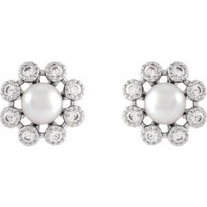 14K White Gold Pearl 4Mm I1, H+ Freshwater Pearl And 1/8 Ctw Diamond Friction Back Earrings With Backs