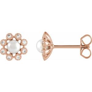 14K Rose Gold Pearl 4Mm I1, H+ Freshwater Pearl And 1/8 Ctw Diamond Friction Back Earrings With Backs