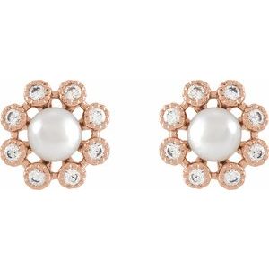 14K Rose Gold Pearl 4Mm I1, H+ Freshwater Pearl And 1/8 Ctw Diamond Friction Back Earrings With Backs