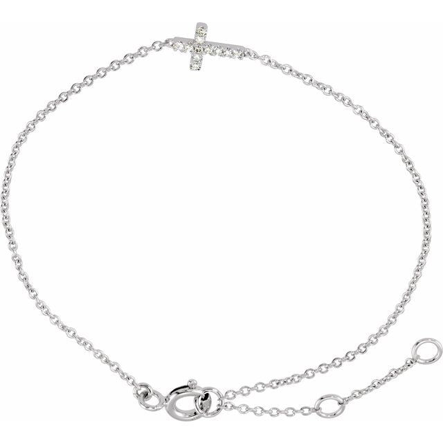 14K White Gold Round  .9Mm I1, H-I 5 1/2-7 In Polished Youth Sideways Cross Bracelet