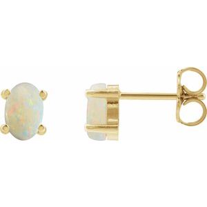 14K Yellow Gold Oval Shape 6 X 4 Mm Natural White Opal Cabochon 4-Prong Stud Earrings