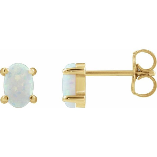 14K Yellow Gold Oval 6 X 4 Mm Friction Polished Lab-Grown White Opal Cabochon 4-Prong Stud Earrings