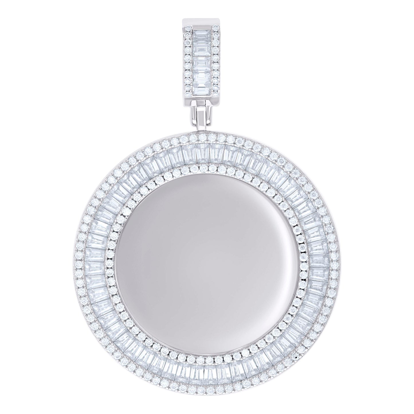 Sterling Silver Unisex Round Baguette Cubic-Zirconia Memory Circle Photo Frame Charm Pendant
