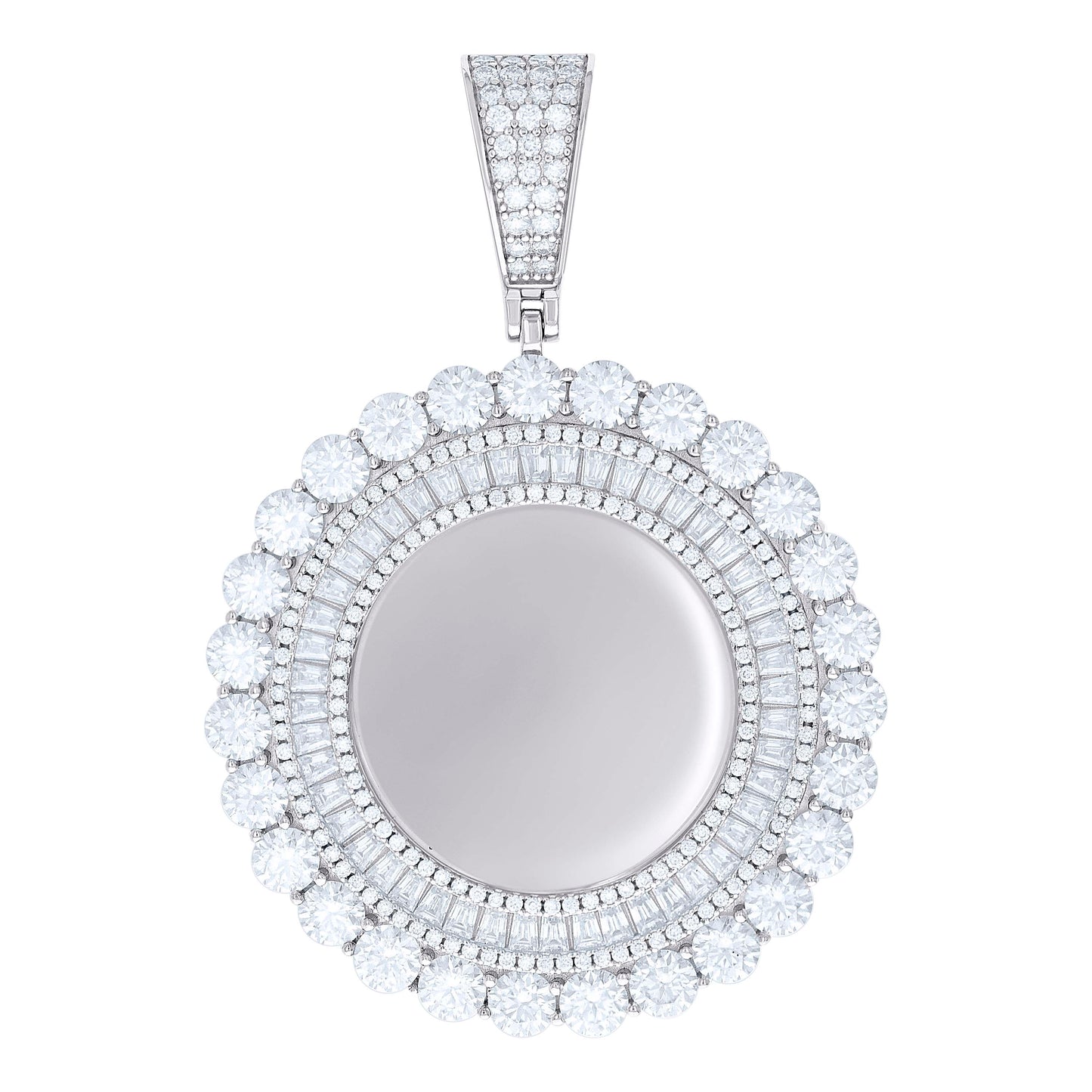 Sterling Silver Unisex Round Baguette Cubic-Zirconia Memory Circle Photo Frame Charm Pendant