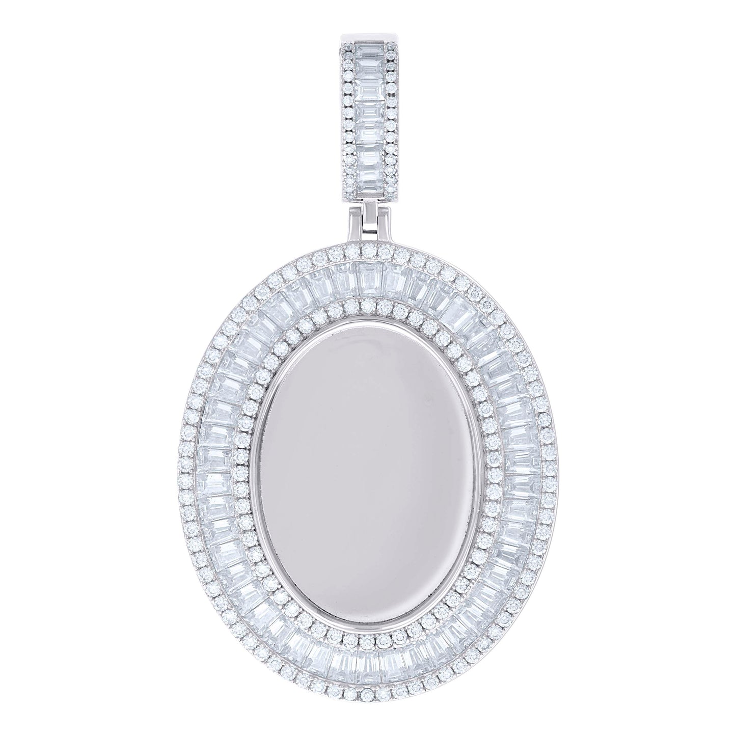 Sterling Silver Unisex Round Baguette Cubic-Zirconia Oval Photo Frame Charm Pendant