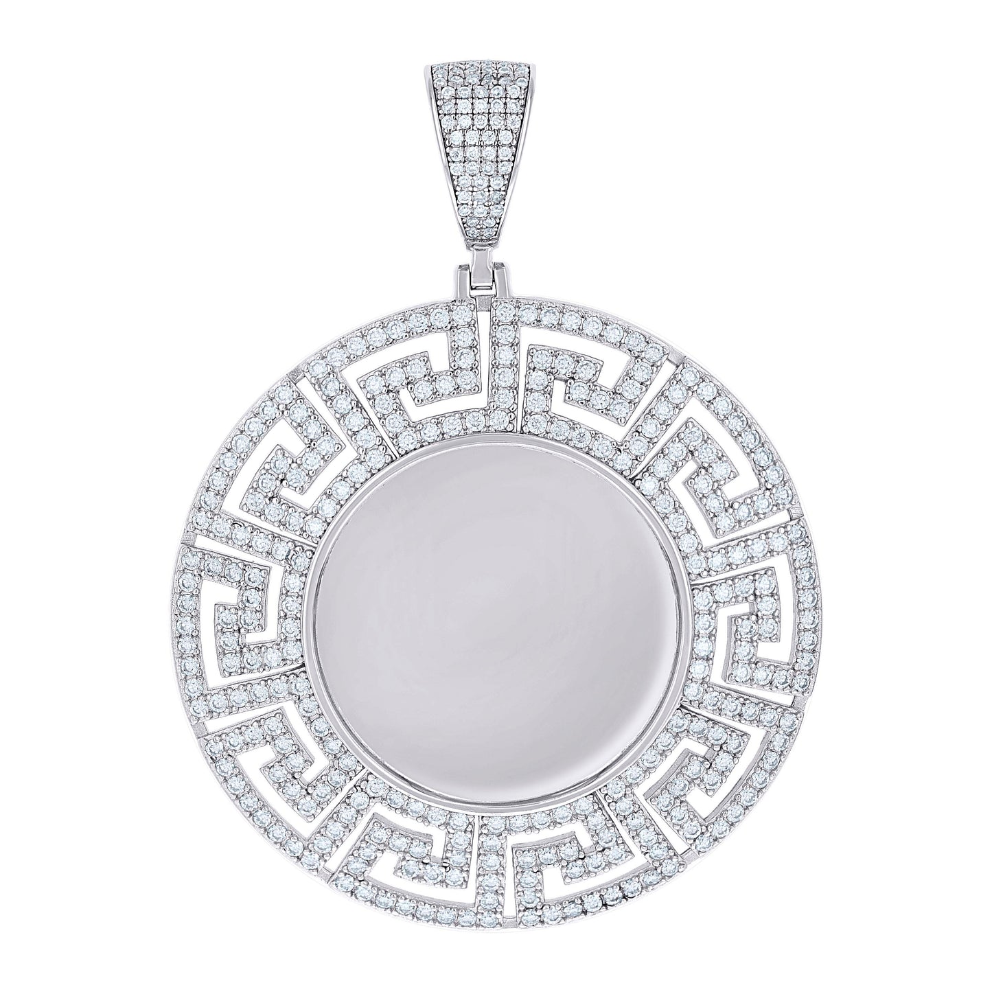 Sterling Silver Unisex Cubic-Zirconia Greek Key Memory Circle Photo Frame Charm Pendant