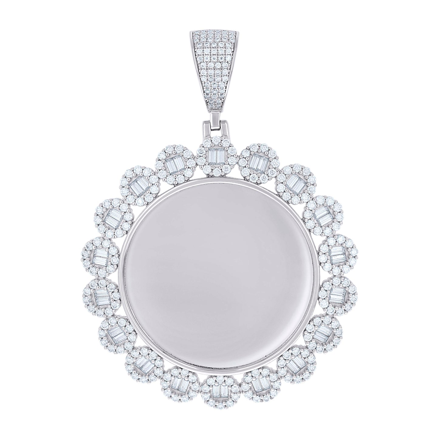Sterling Silver Unisex Round Baguette Cubic-Zirconia Memory Circle Photo Frame Charm Pendant