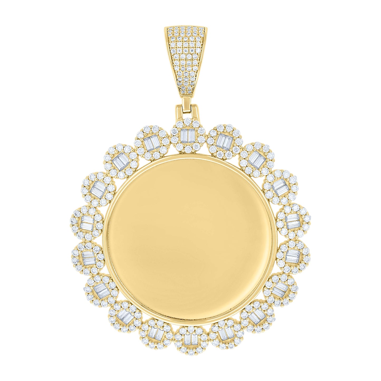 Sterling Silver Unisex Round Baguette Cubic-Zirconia Memory Circle Photo Frame Charm Pendant