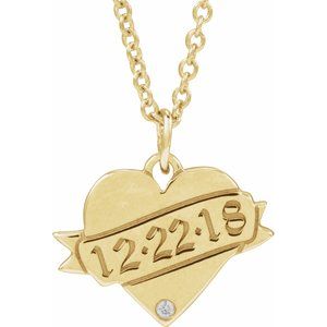 14K Yellow Gold Round 1Mm G-H I1 .005 Ct Natural Diamond Engravable Heart Necklace, Length: 18 In