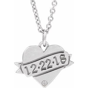 14K White Gold Round 1Mm G-H I1 .005 Ct Natural Diamond Engravable Heart Necklace, Length: 18 In