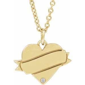 14K Yellow Gold Round 1Mm G-H I1 .005 Ct Natural Diamond Engravable Heart Necklace, Length: 18 In