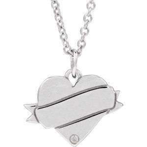 14K White Gold Round 1Mm G-H I1 .005 Ct Natural Diamond Engravable Heart Necklace, Length: 18 In