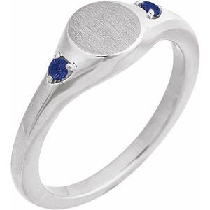 14K White Gold Round 2 Mm Polished Lab-Grown Blue Sapphire Signet Ring Size 7