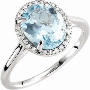 14K White Gold Natural Aquamarine Oval 10 X 8 Mm Natural Diamond Polished Natural Aquamarine And .06 Ctw Natural Diamond Ring Size 7