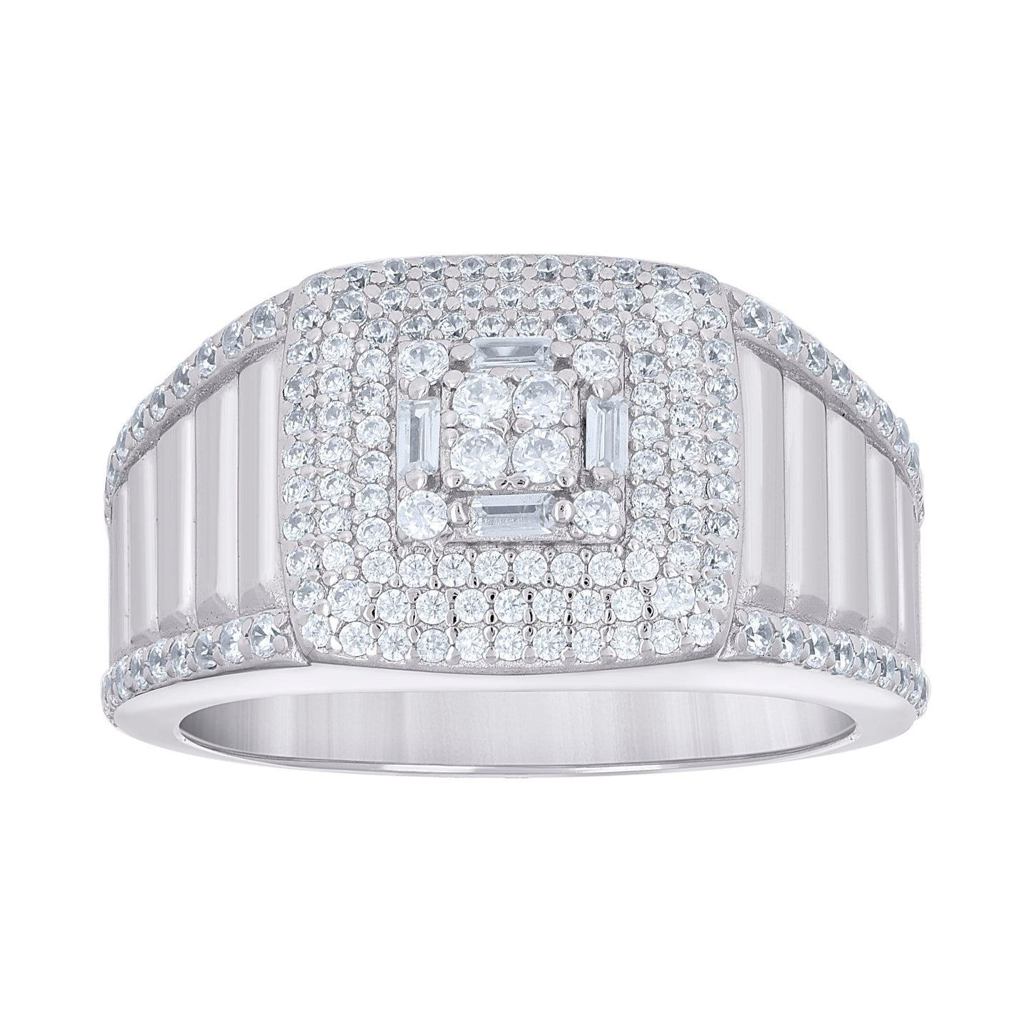 Sterling Silver Men's Round Baguette Cubic-Zirconia Square Head Fashion Bridal Anniversary Wedding Engagement Band Ring