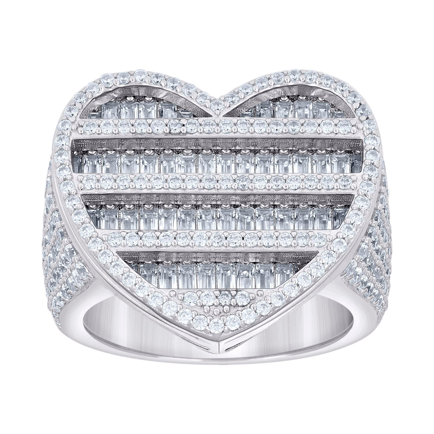 Sterling Silver Women's Round Baguette Cubic-Zirconia Cluster Heart Bridal Anniversary Wedding Engagement Band Ring