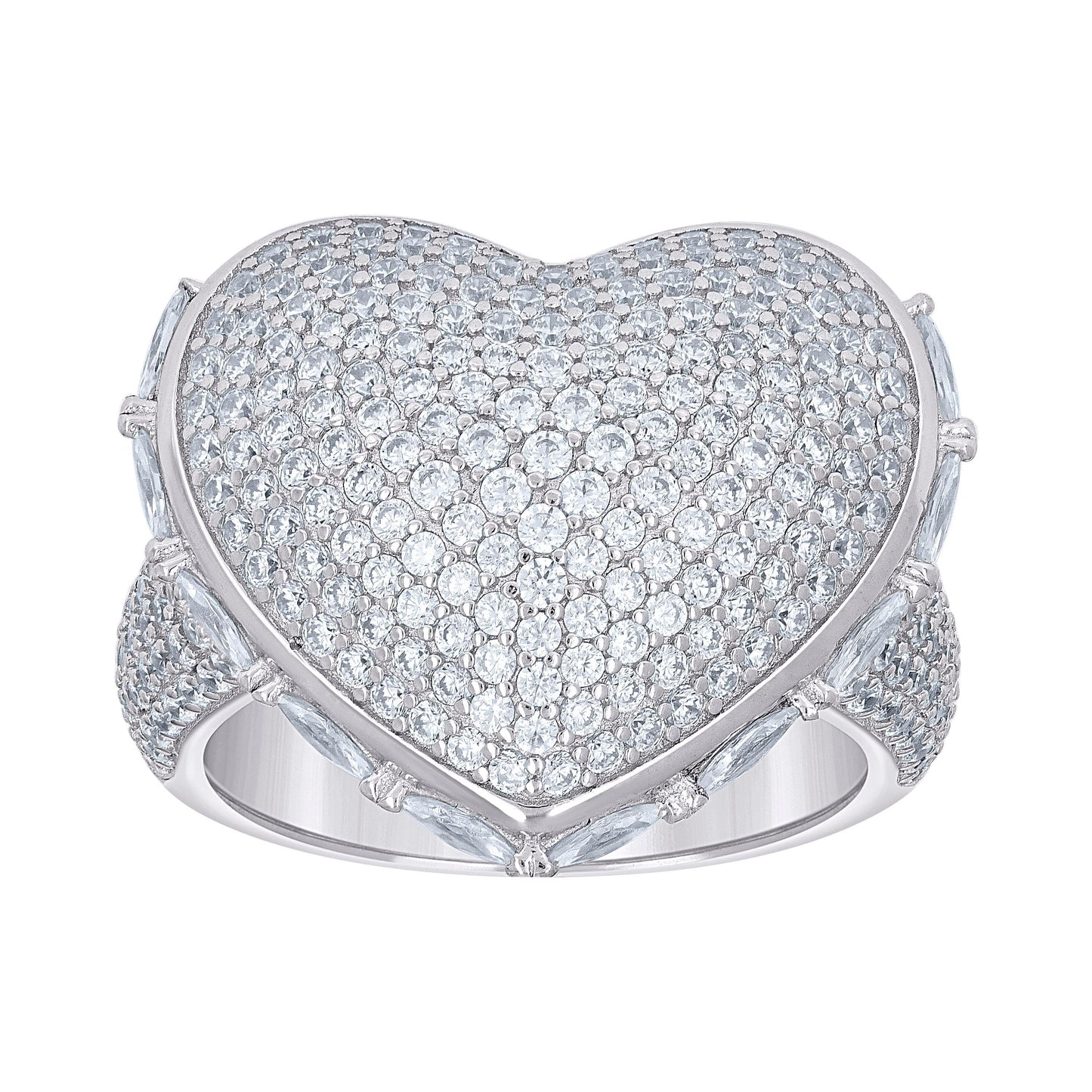 Sterling Silver Womens Round Baguette Cubic-Zirconia Cluster Heart Bridal Anniversary Wedding Engagement Band Ring