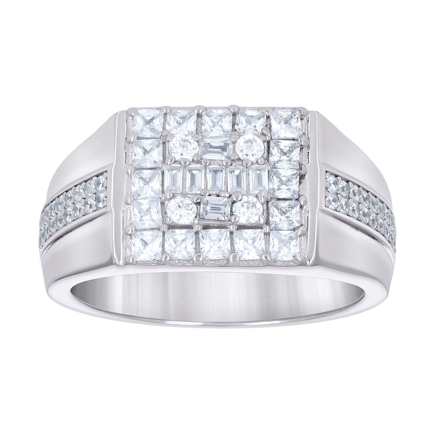 Sterling Silver Mens Round Baguette Cubic-Zirconia Square Head Fashion Bridal Anniversary Wedding Engagement Band Ring