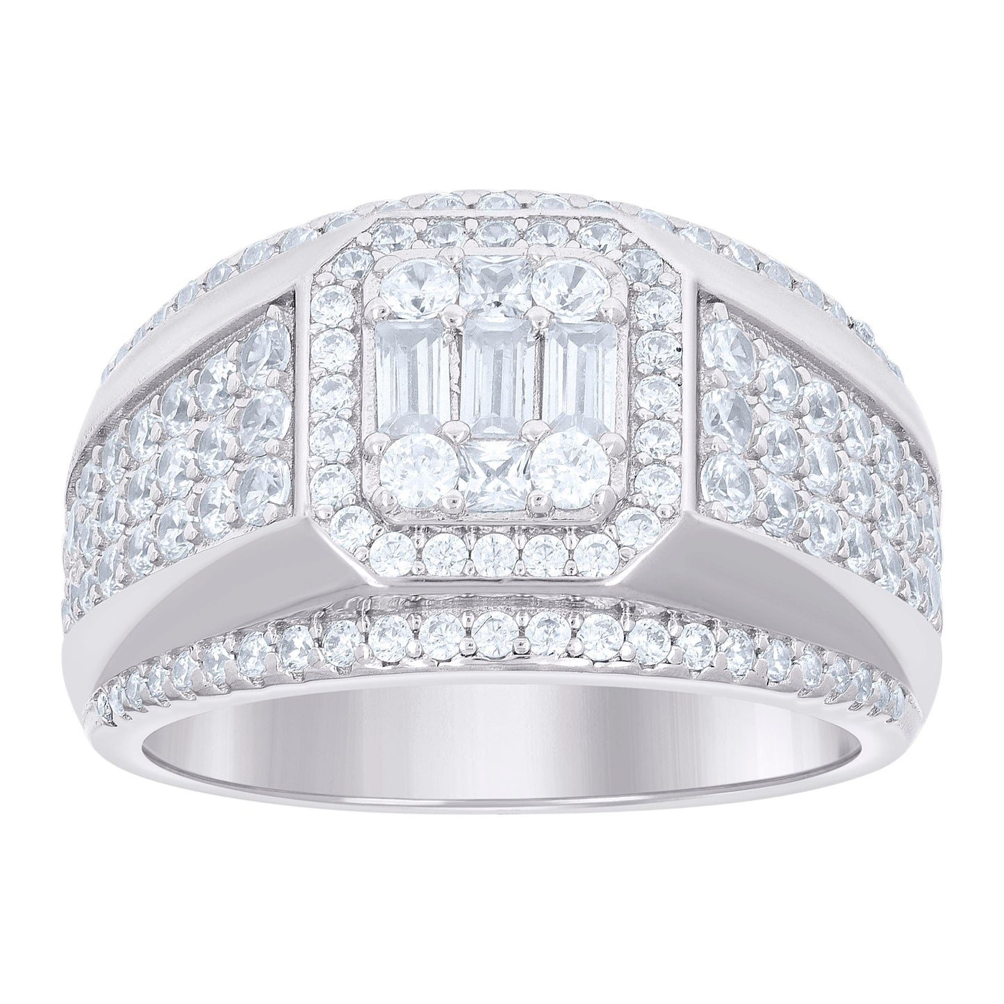 Sterling Silver Mens Round Baguette Cubic-Zirconia Fashion Bridal Anniversary Wedding Engagement Band Ring