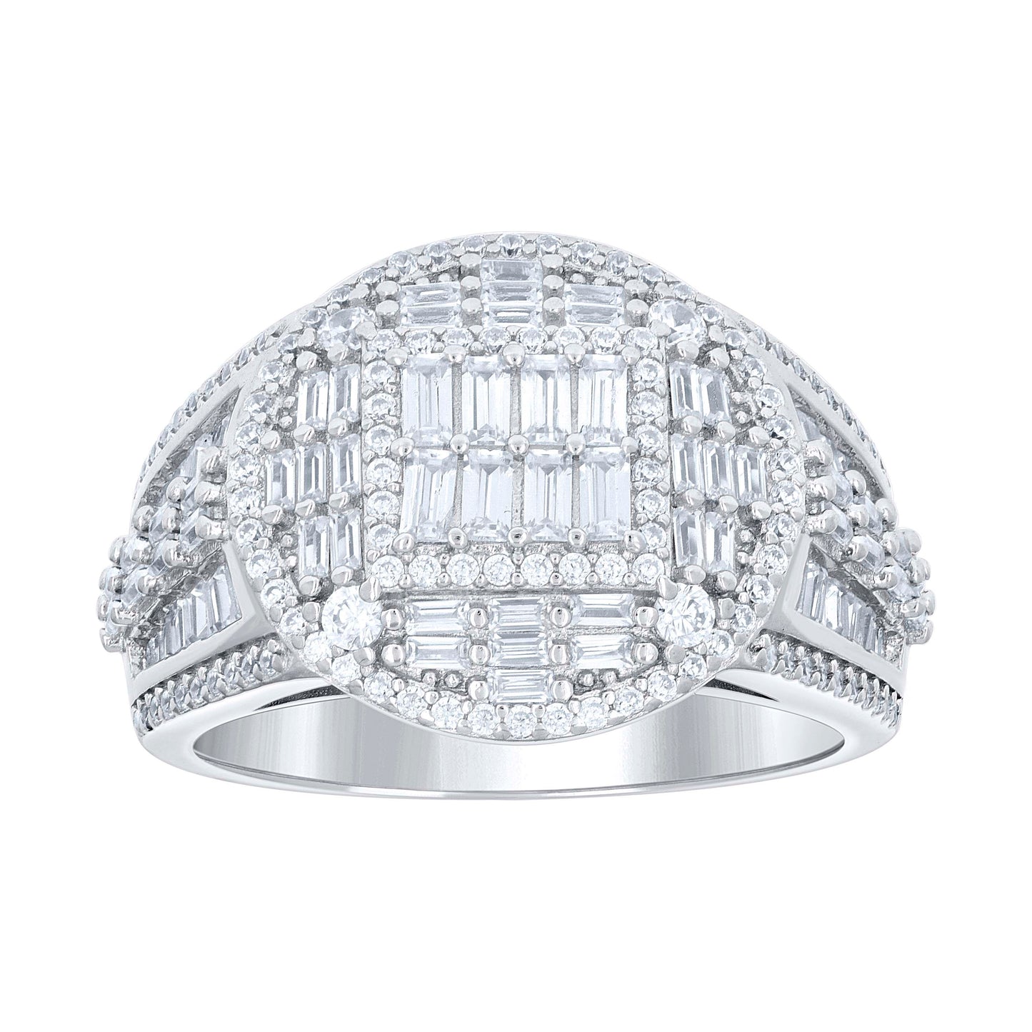 Sterling Silver Men's Round Baguette Cubic-Zirconia Round Head Fashion Bridal Anniversary Wedding Engagement Band Ring