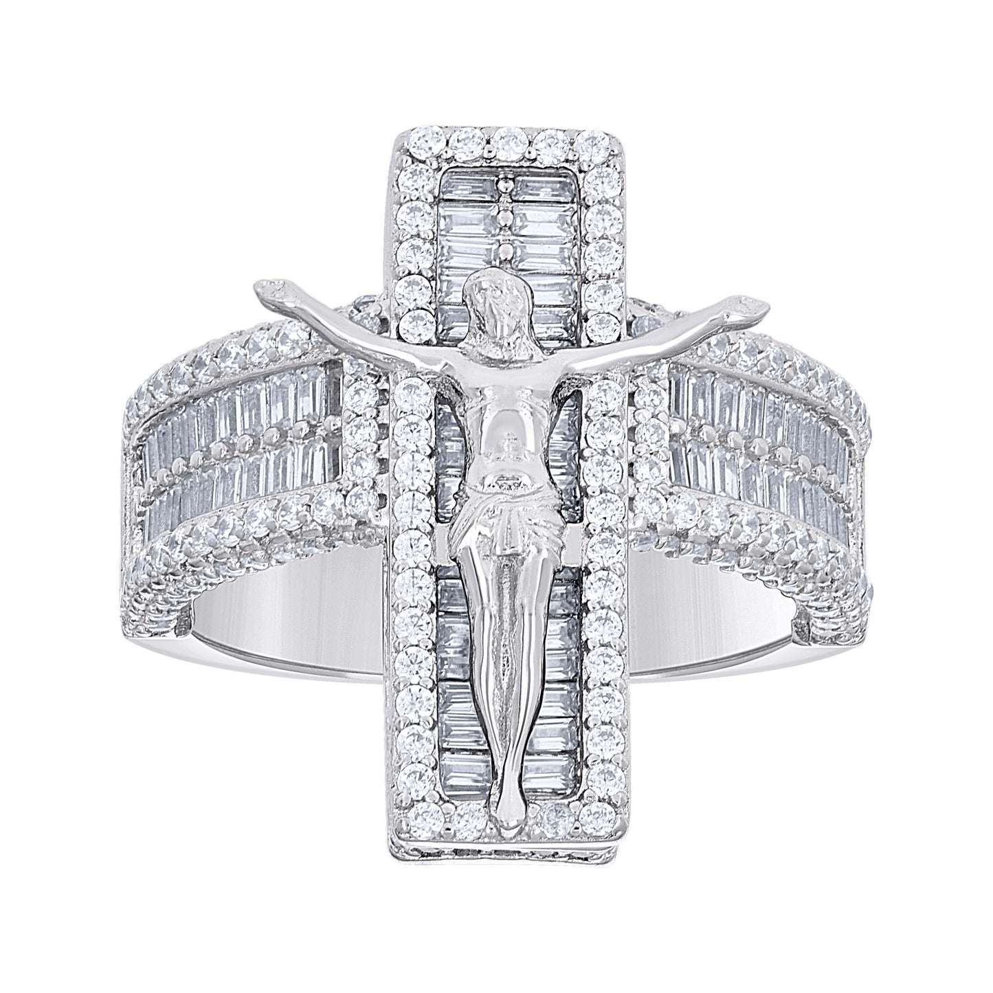 Sterling Silver Mens Baguette Round Cubic-Zirconia Crucifix Religious Bridal Anniversary Wedding Engagement Band Ring