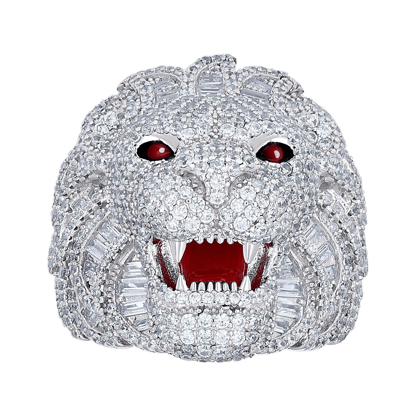 Sterling Silver Mens Baguette Round Cubic-Zirconia Lion Head Enameled Wildlife Bridal Anniversary Wedding Engagement Band Ring