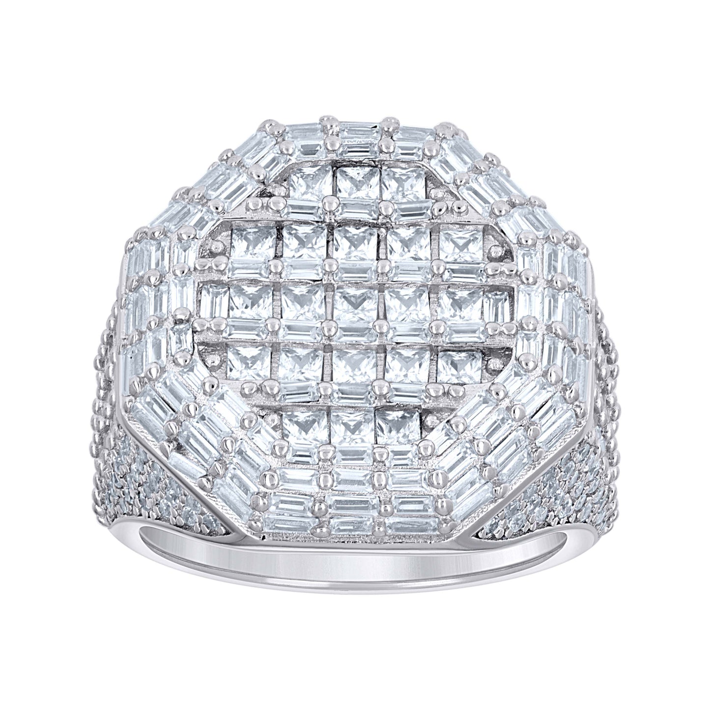 Sterling Silver Mens Princess-Cut/Baguette Round Cubic-Zirconia Octagon Head Fashion Bridal Anniversary Wedding Engagement Band Ring