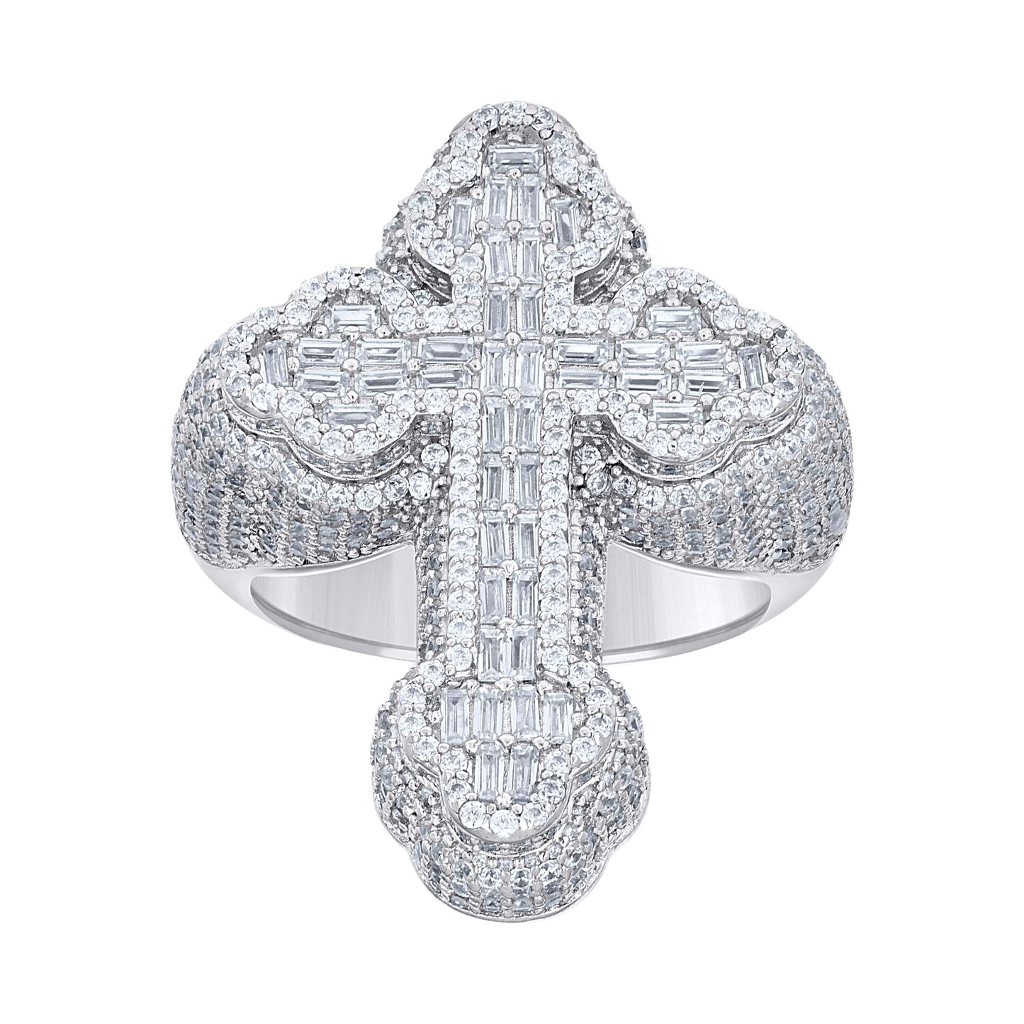 Sterling Silver Mens Baguette Round Cubic-Zirconia Cross Religious Bridal Anniversary Wedding Engagement Band Ring