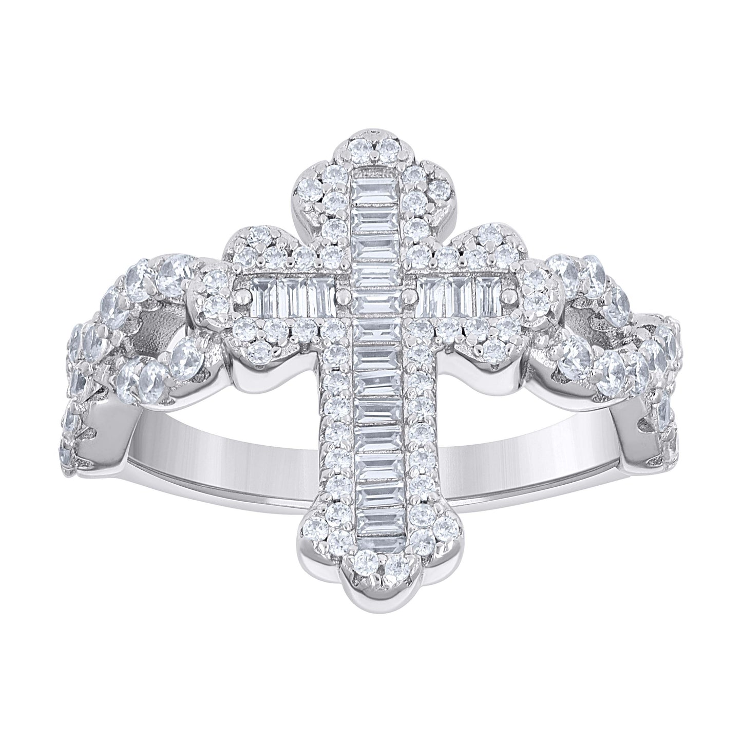 Sterling Silver Mens Baguette Round Cubic-Zirconia Cross Religious Bridal Anniversary Wedding Engagement Band Ring S8-S11
