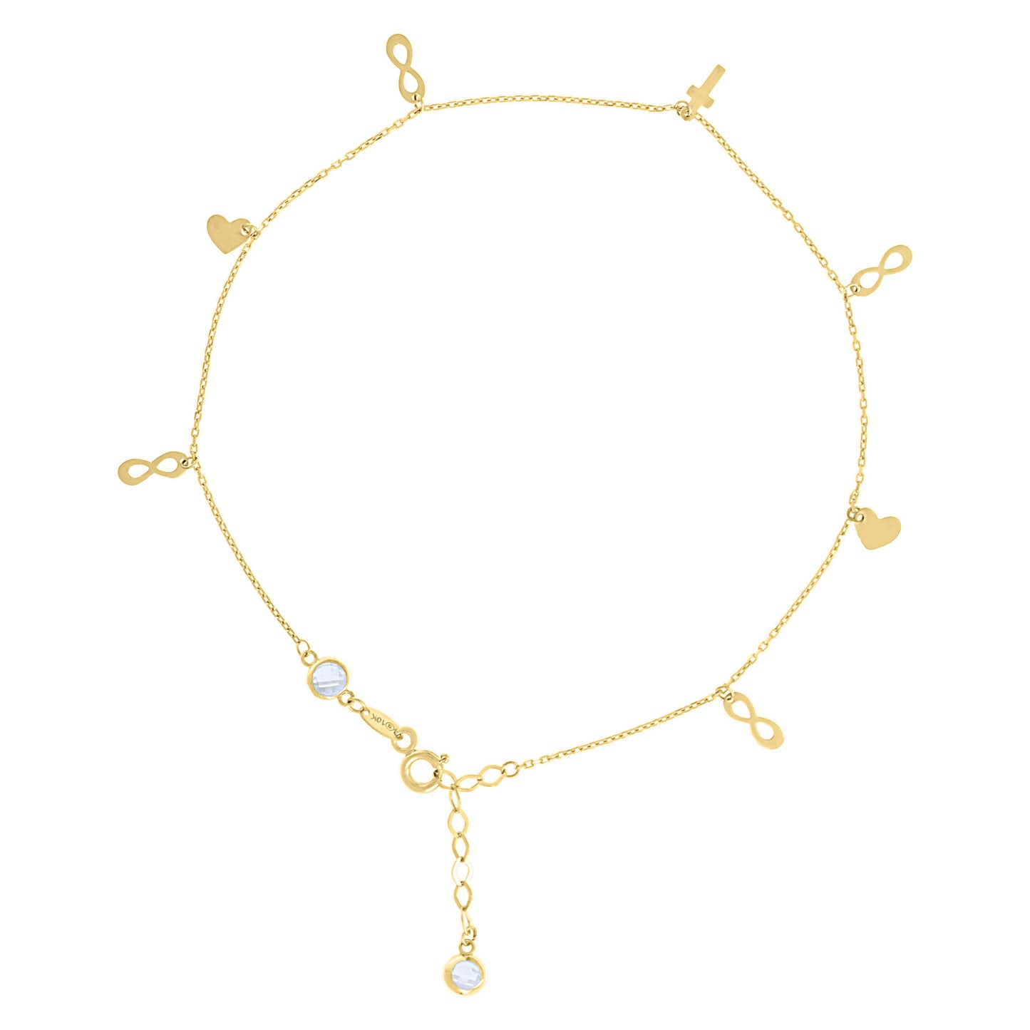 10K Or 14K Yellow Gold Womens Cubic-Zirconia Infinity Heart Charms Chain Anklet Size 10 Inches