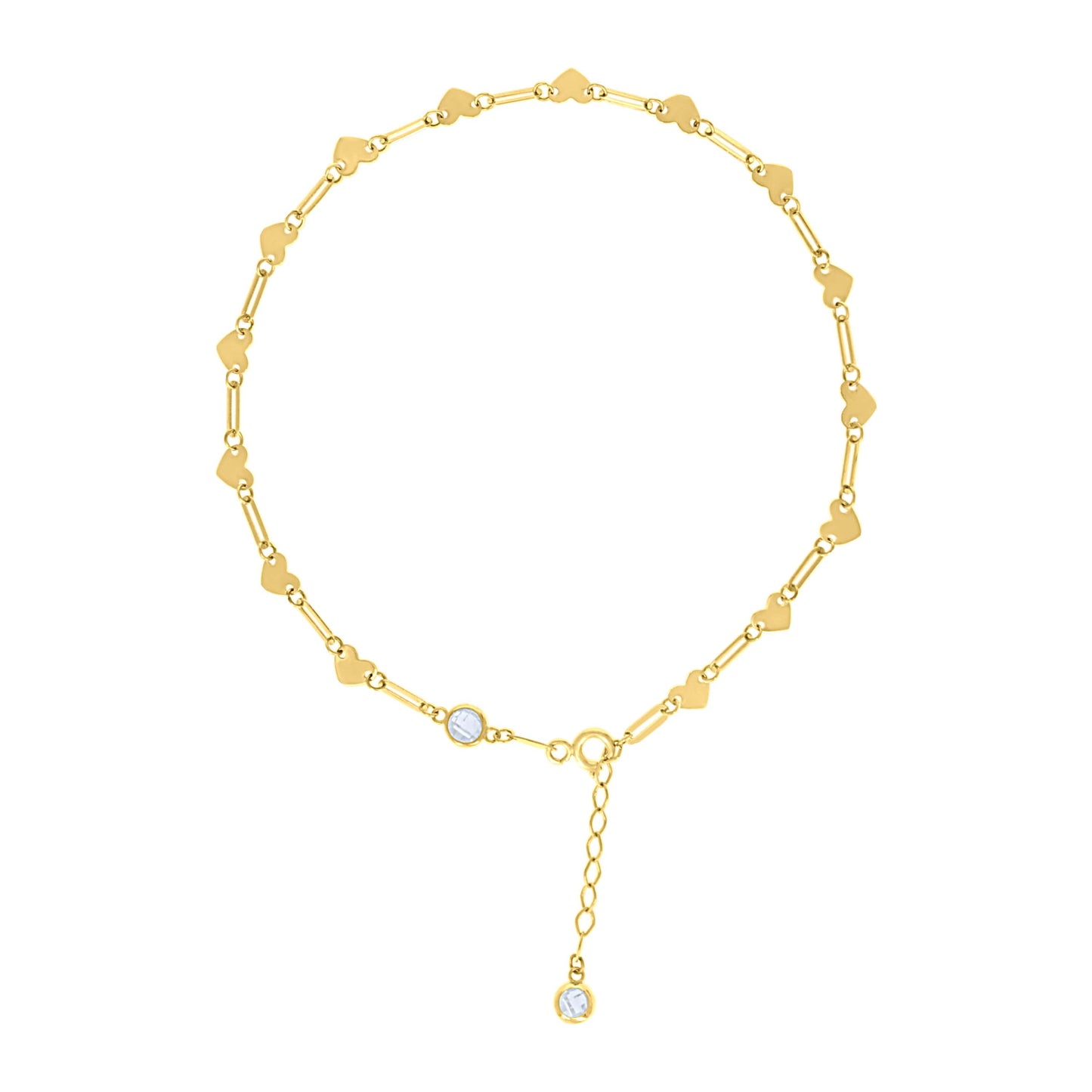 10K Or 14K Yellow Gold Womens Cubic-Zirconia Heart Link Anklet Size 10 Inches
