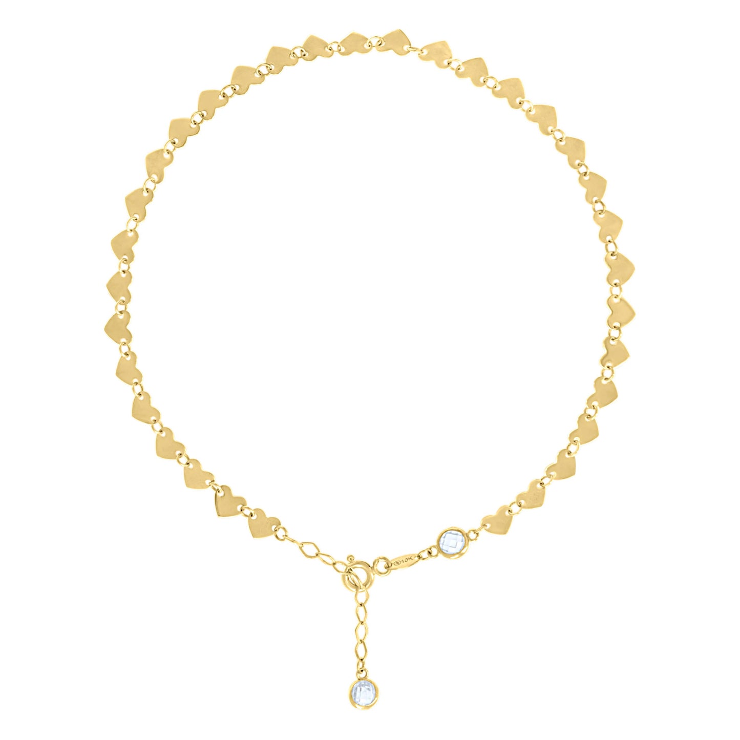 10K Or 14K Yellow Gold Womens Cubic-Zirconia Heart Link Anklet Size 10 Inches