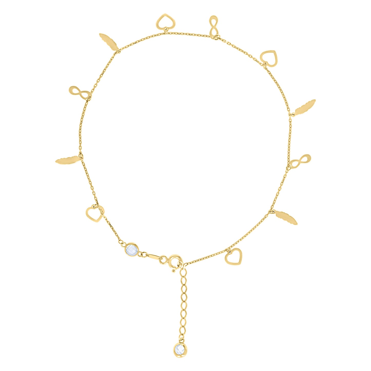 10K Or 14K Yellow Gold Womens Cubic-Zirconia Heart/Infinity/Feather Charms Chain Anklet Size 10 Inches