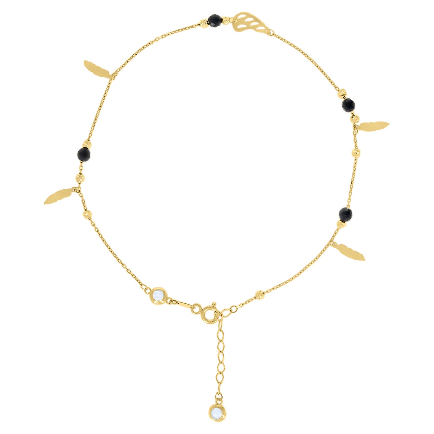 10K Or 14K Yellow Gold Womens Cubic-Zirconia Diamond-cut Black Beaded Feather Charms Chain Anklet Size 10 Inches