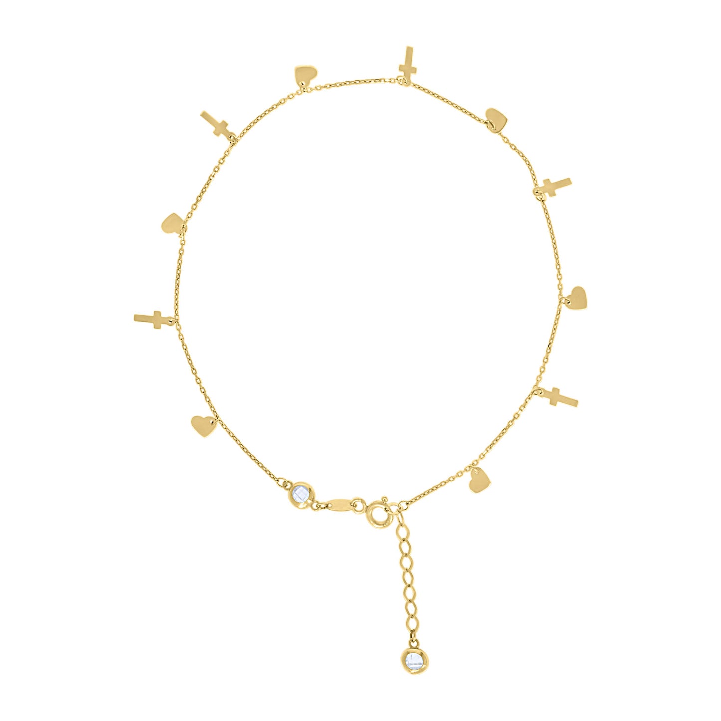 10K Or 14K Yellow Gold Womens Cubic-Zirconia Heart Cross Charms Chain Anklet Size 10 Inches