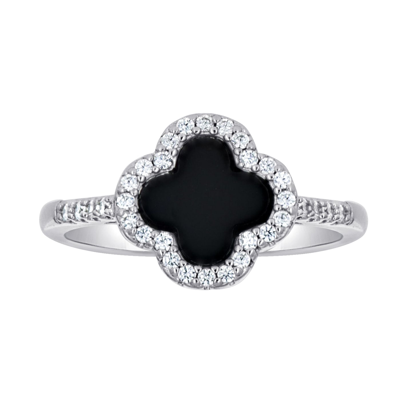 Sterling Silver Womens Cubic-Zirconia Black Enameled Clover Good Luck Bridal Anniversary Wedding Engagement Band Ring
