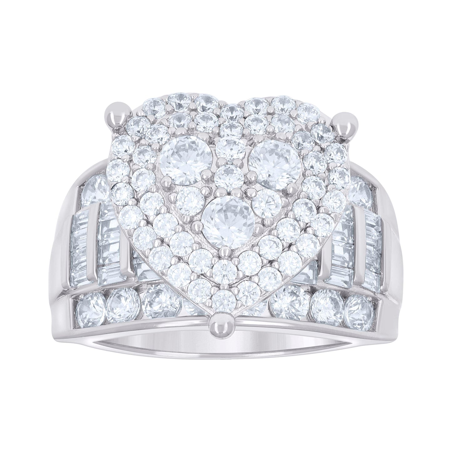 Sterling Silver Women's Baguette Round Cubic-Zirconia Heart Bridal Anniversary Wedding Engagement Band Ring