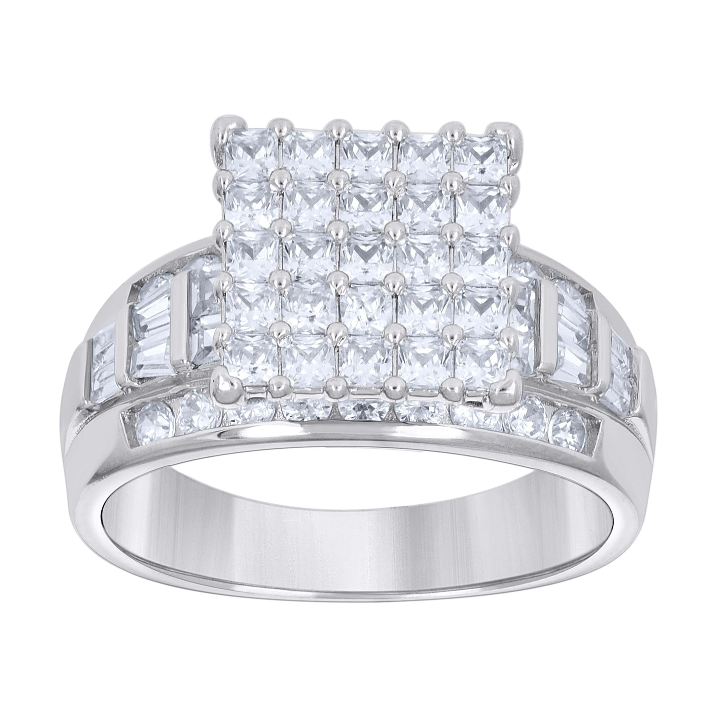 Sterling Silver Women's Baguette/Princess-Cut Round Cubic-Zirconia Square Head Fashion Bridal Anniversary Wedding Engagement Band Ring