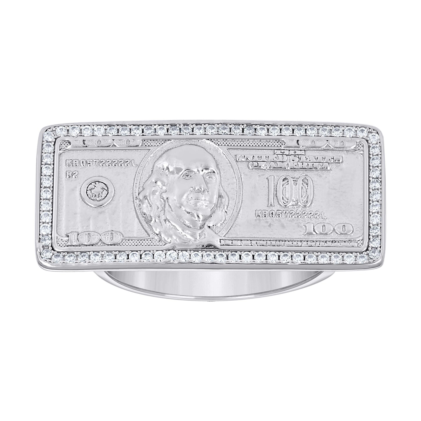Sterling Silver Mens Cubic-Zirconia 100 Dollar Bill Currency Fashion Bridal Anniversary Wedding Engagement Band Ring