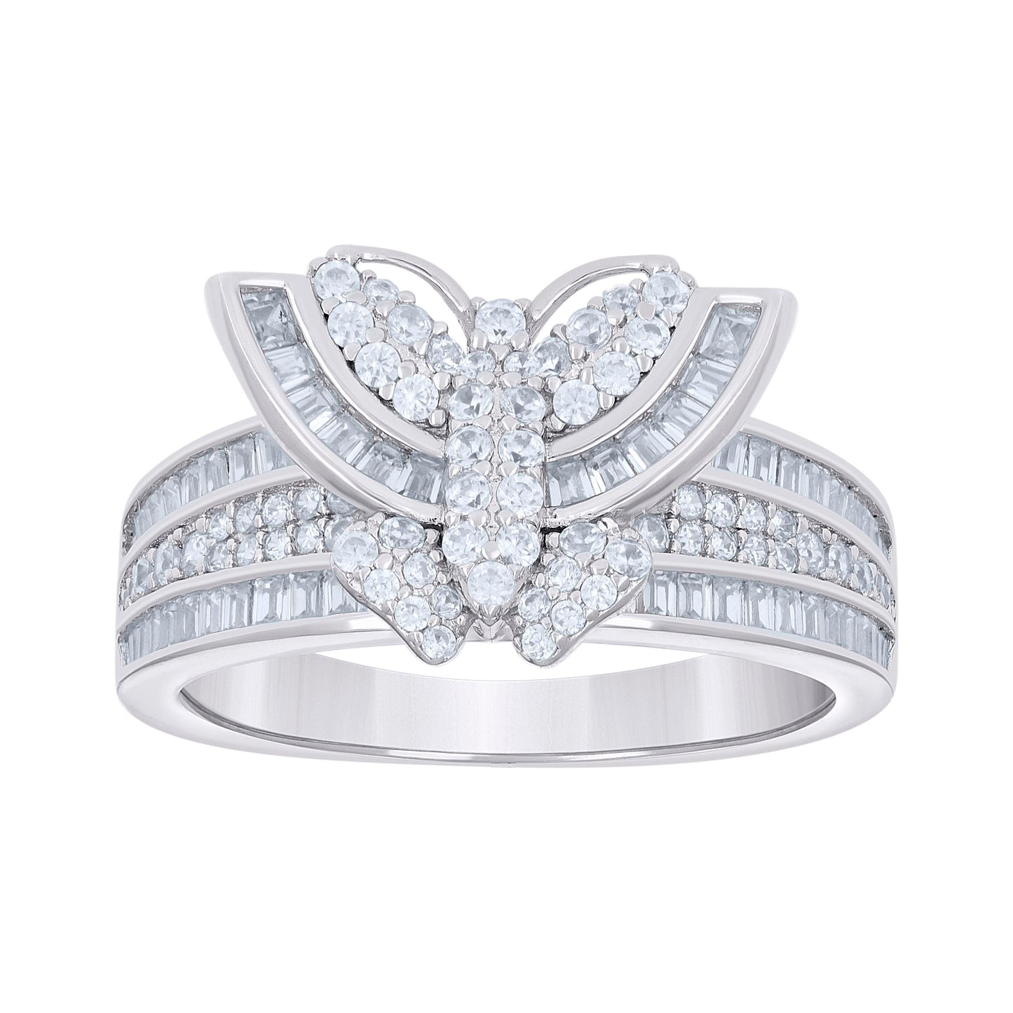 Sterling Silver Womens Baguette Round Cubic-Zirconia Butterfly Bridal Anniversary Wedding Engagement Band Ring