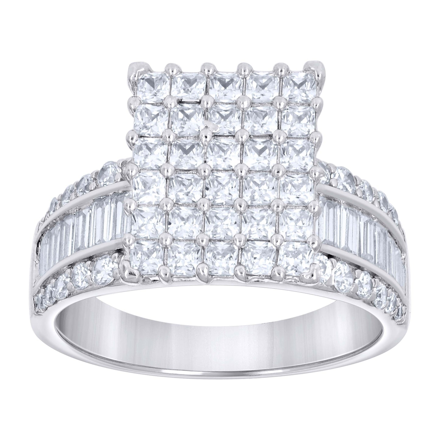 Sterling Silver Womens Baguette/Princess-Cut Round Cubic-Zirconia Square Head Fashion Bridal Anniversary Wedding Engagement Band Ring