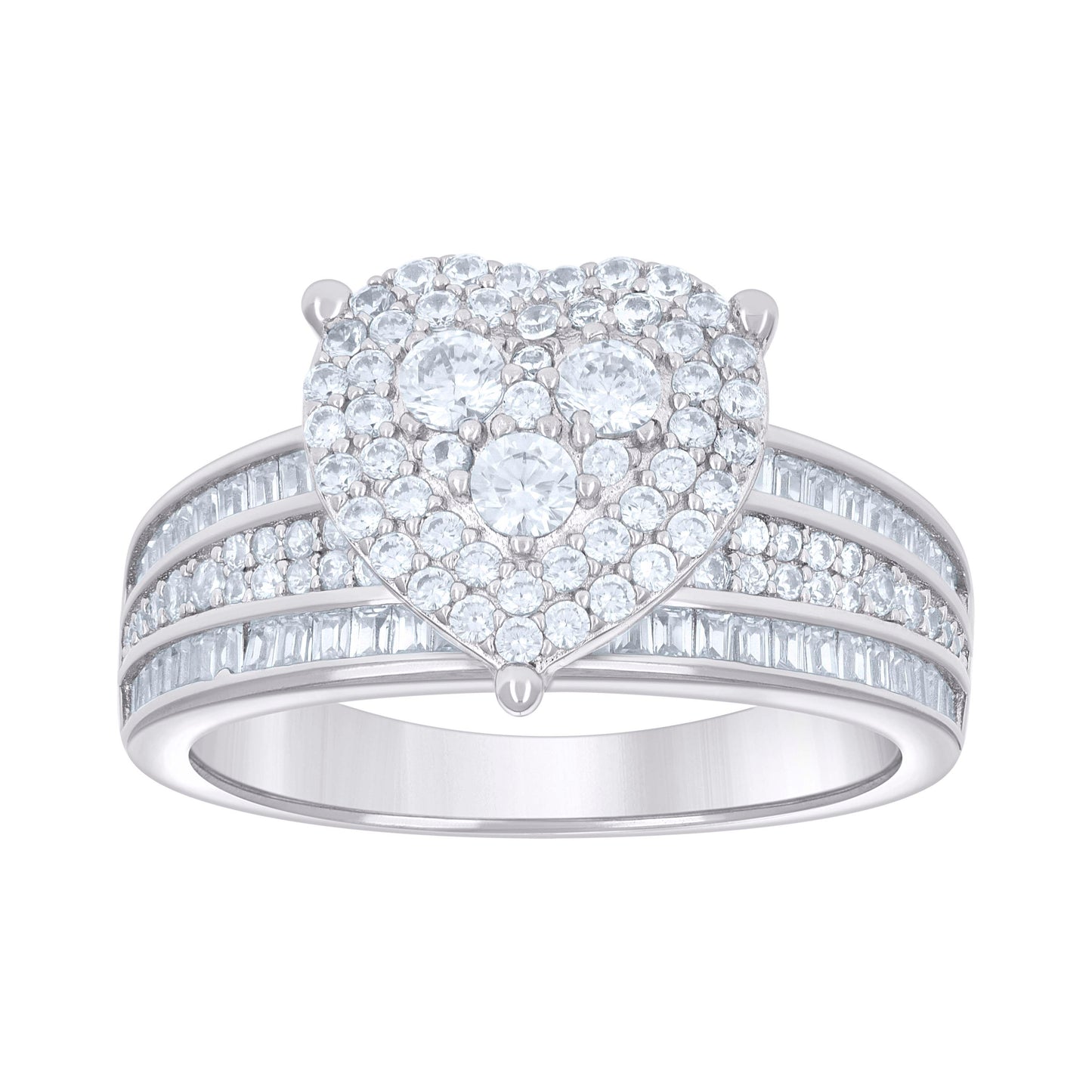 Sterling Silver Women's Baguette Round Cubic-Zirconia Heart Bridal Anniversary Wedding Engagement Band Ring