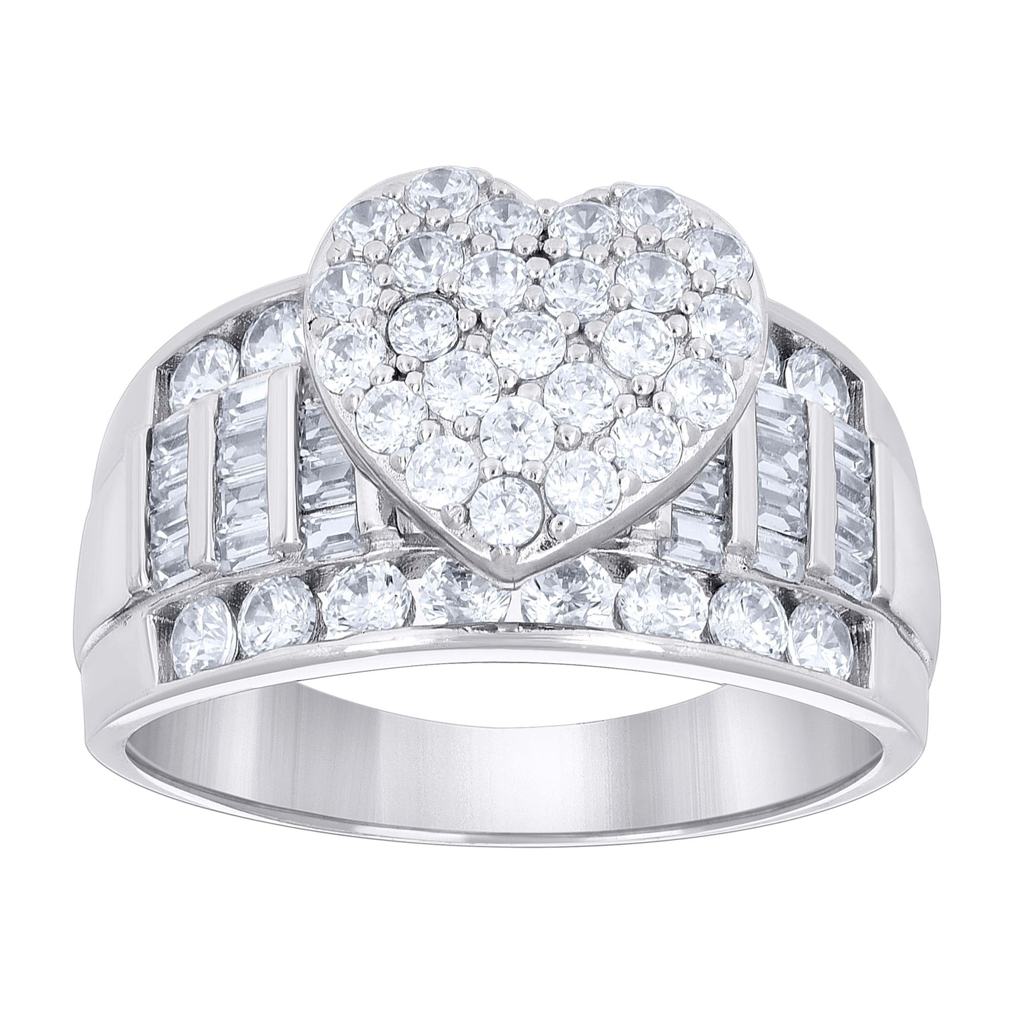 Sterling Silver Womens Baguette Round Cubic-Zirconia Love Heart Bridal Anniversary Wedding Engagement Band Ring