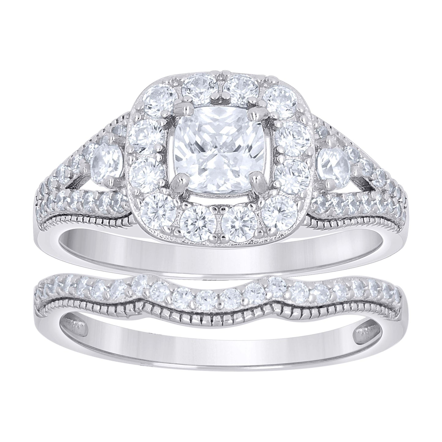 Sterling Silver Womens Cushion-Cut Round Cubic-Zirconia Duo Bridal Anniversary Engagement Wedding Ring Set